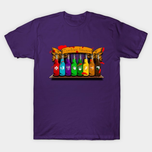 Zombie Perks Top Shelf Zombies Beware on Purple T-Shirt by LANStudios